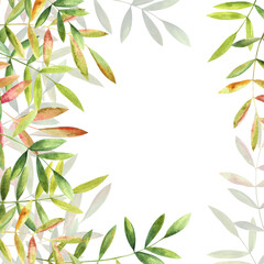 A composition of green leaves, hand-painted in watercolor.