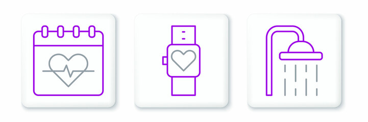 Fototapeta premium Set line Shower head, Heart rate and Smart watch icon. Vector