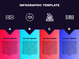 Set line Paper money cash, Ten discount percent tag, Cash register machine and Crumpled paper. Business infographic template. Vector