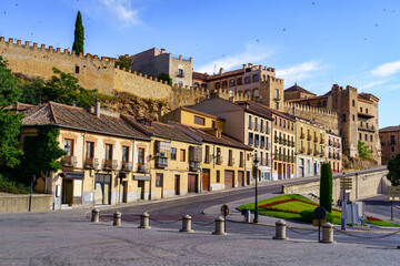 Fototapeta na wymiar Medieval houses next to the aqueduct of Segovia world heritage site, Spain.