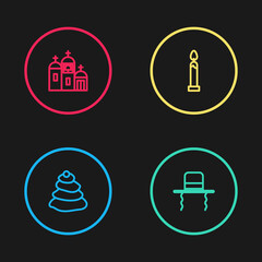 Set line Stack hot stones, Orthodox jewish hat with sidelocks, Burning candle and Church building icon. Vector