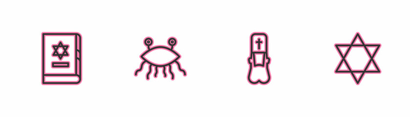Set line Jewish torah book, Priest, Pastafarianism and Star of David icon. Vector