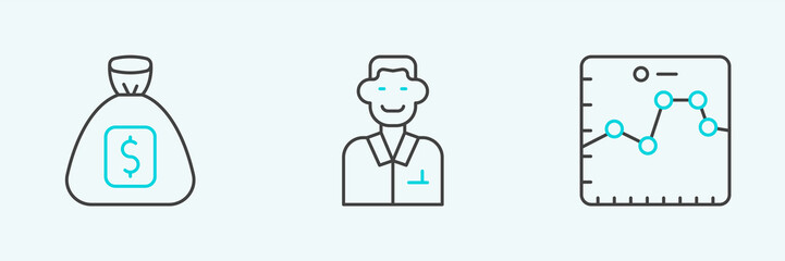 Set line Browser with growth graph, Money bag and Trader icon. Vector