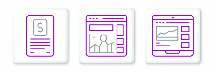 Fototapeta premium Set line Trading courses, Business finance report and Website with growth graph icon. Vector