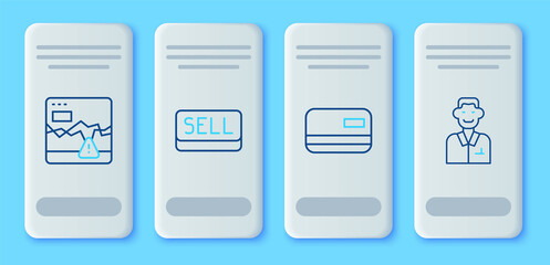 Set line Sell button, Credit card, Failure stocks market and Trader icon. Vector