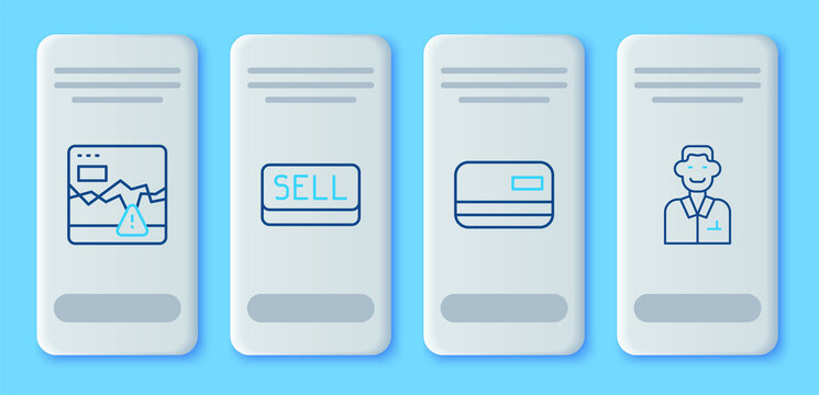 Set line Sell button, Credit card, Failure stocks market and Trader icon. Vector
