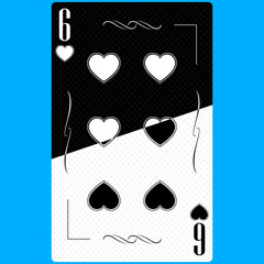Playing card six of Hearts 6, black and white modern design. Standard size poker, poker, casino. 3D render, 3D illustration.