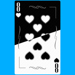 Playing card Eight of Hearts 8, black and white modern design. Standard size poker, poker, casino. 3D render, 3D illustration.