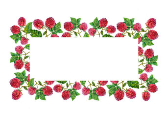 Raspberry. Rectangular frame with raspberry branches with berries and leaves. watercolor illustration.
