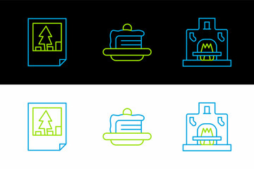 Set line Interior fireplace, Christmas postcard and Cake icon. Vector