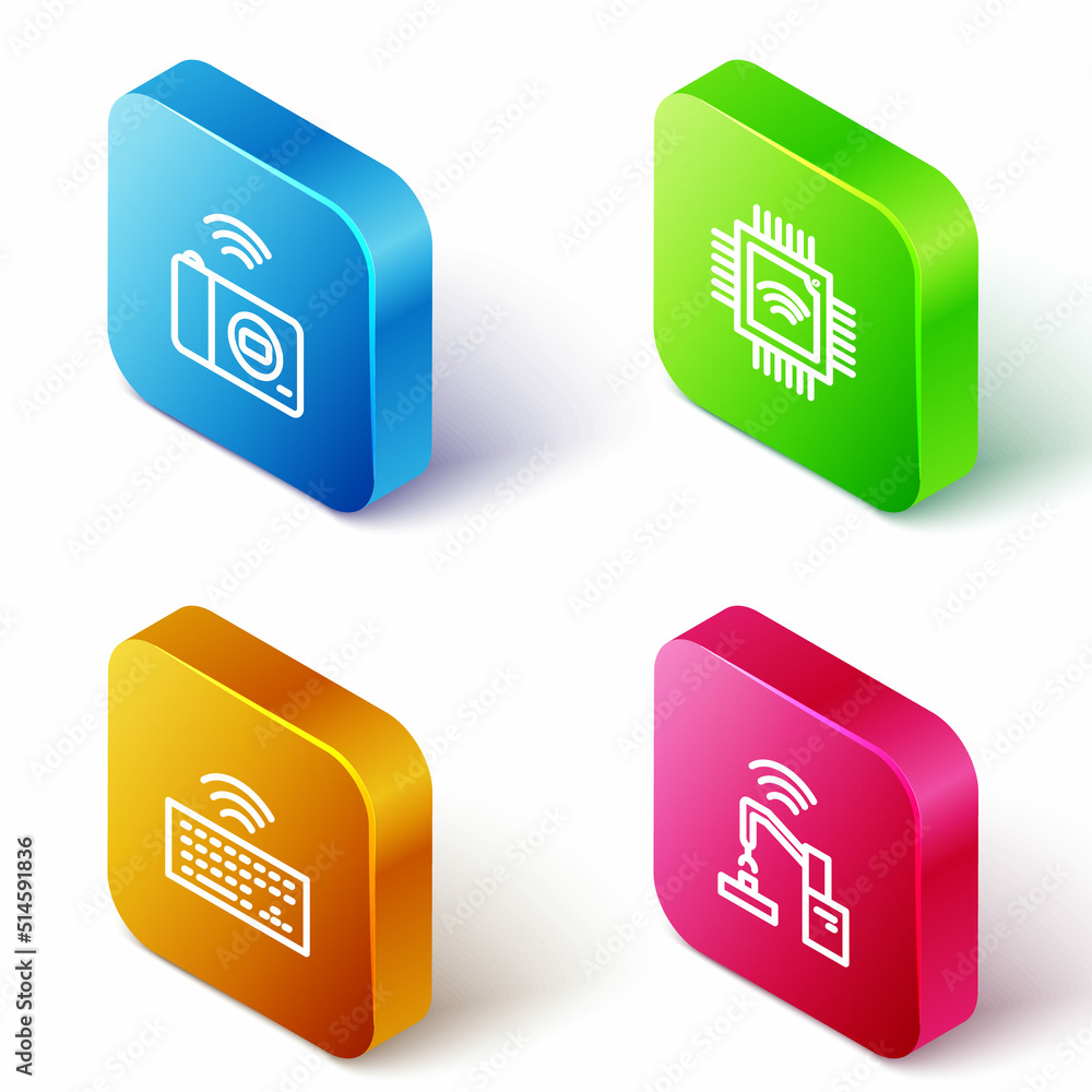 Poster set isometric line smart photo camera, processor with microcircuits cpu, wireless keyboard and robot