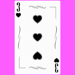 Playing card Three of Hearts 3, black and white modern design. Standard size poker, poker, casino. 3D render, 3D illustration.