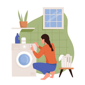 Household chores. The girl is doing household chores. Washing clothes in a washing machine. Housewife woman. Vector image.