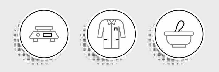 Set line Mortar and pestle, Electronic scales and Laboratory uniform icon. Vector