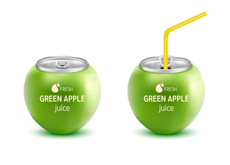 Fresh green apple juice soft drink with lid aluminum can and drinking straw. Isolated on a white background. Healthy fruit drink concept. Realistic 3D vector EPS10 illustration.