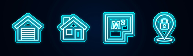 Set line Garage, House, plan and Location lock. Glowing neon icon. Vector