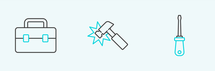 Set line Screwdriver, Toolbox and Hammer icon. Vector