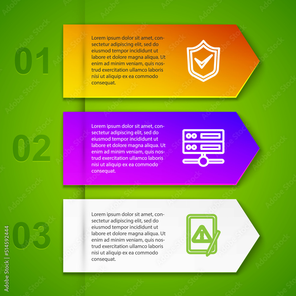 Poster set line shield with check mark, server, data, web hosting, tablet exclamation and network cloud con