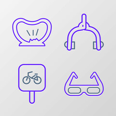 Set line Sport cycling sunglasses, Bicycle parking, brake calipers and punctured tire icon. Vector