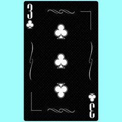 Playing card Three of a suit of clubs 3, black and white modern design. Standard size poker, poker, casino. 3D render, 3D illustration.