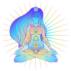 Young woman in lotus position. Chakras concept. Person doing yoga, decorative mandala round pattern. Flower of Life. Alchemy, philosophy, spirituality. Vector illustration.