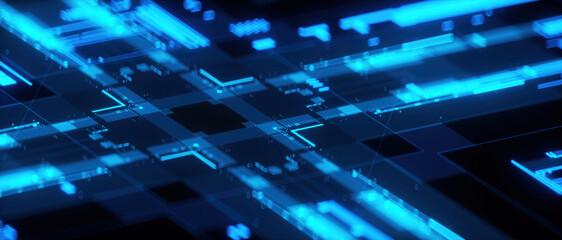 3D rendering of cyberpunk AI. Circuit board. Technology background. Central Computer Processors CPU and GPU concept. Motherboard digital chip. Tech science background.