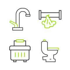 Set line Toilet bowl, Toolbox, Broken pipe and Water tap icon. Vector
