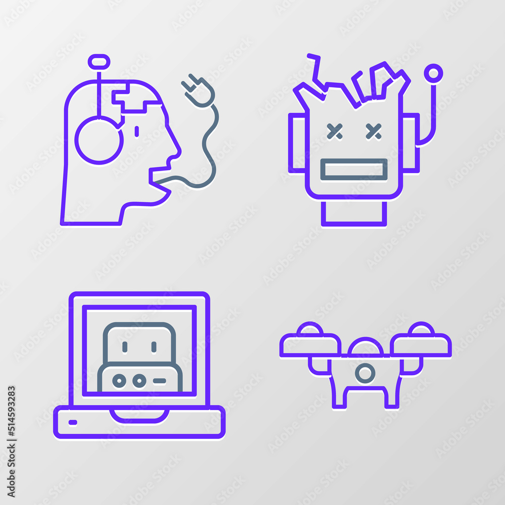 Poster set line drone, creating robot, broken and robot charging battery icon. vector