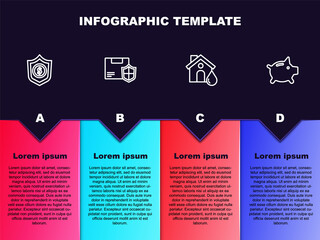 Set line Shield with dollar, Delivery security shield, House flood and Piggy bank. Business infographic template. Vector