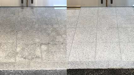 Before and after, cleaning on an old external natural white granite floor