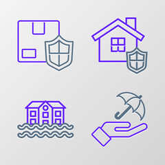 Set line Umbrella in hand, House flood, with shield and Delivery security icon. Vector