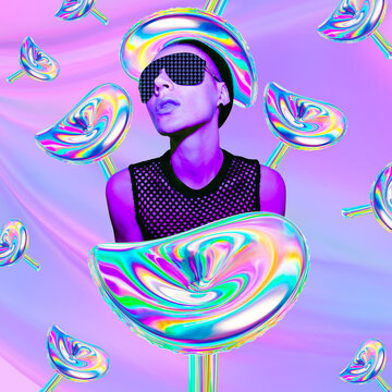 Contemporary minimal collage art. Psychedelic Lady, Hallucination, drugs concept. Mushroom microdosing trends.