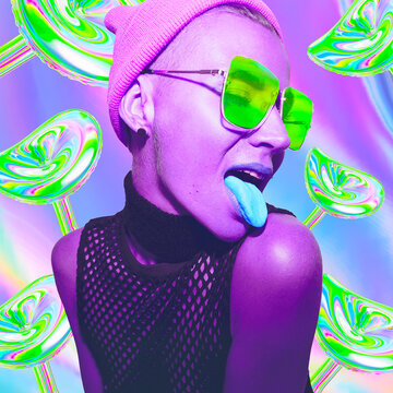 Contemporary minimal art collage. Psychedelic Lady, Hallucination, drugs concept. Mushroom microdosing trends.