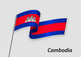 Waving flag of Cambodia on flagpole. Template for independence day