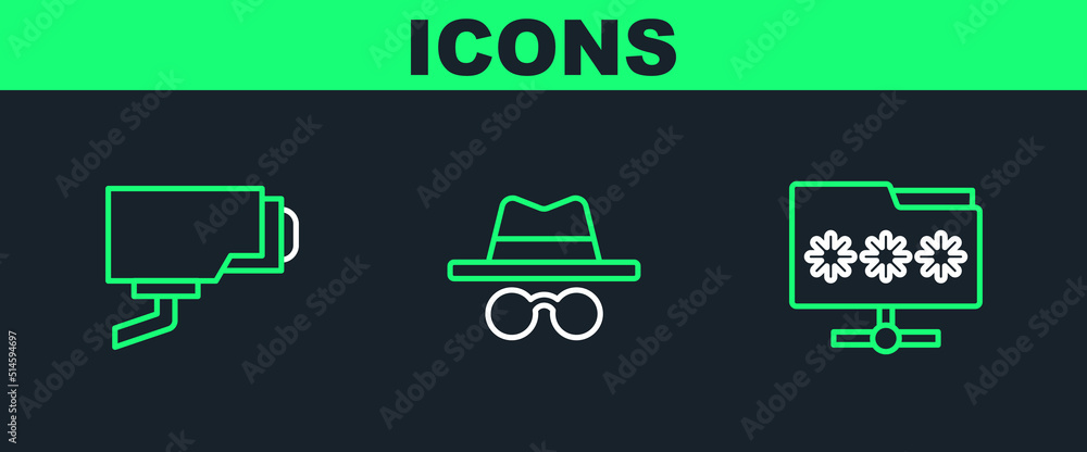 Aufkleber set line folder with password, security camera and incognito mode icon. vector