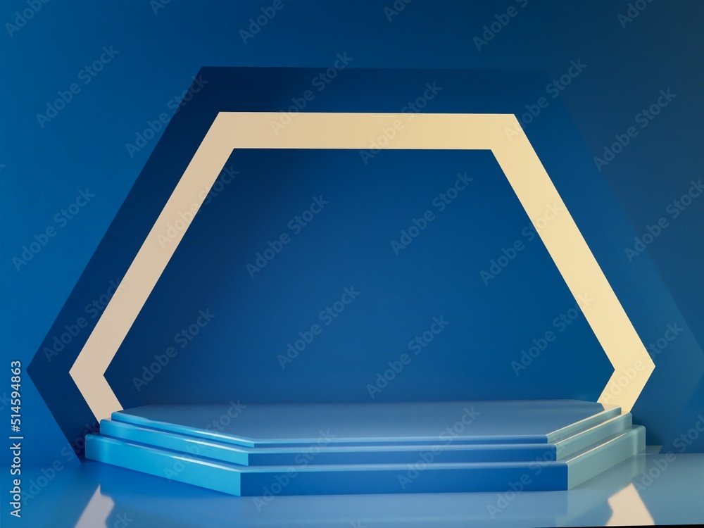 Poster 3d rendering geometry podium with abstract geometric shape blue color. scene for product presentatio
