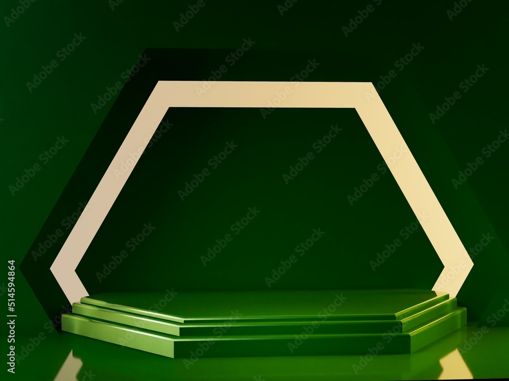 Poster 3d rendering geometry podium with abstract geometric shape green color. scene for product presentati