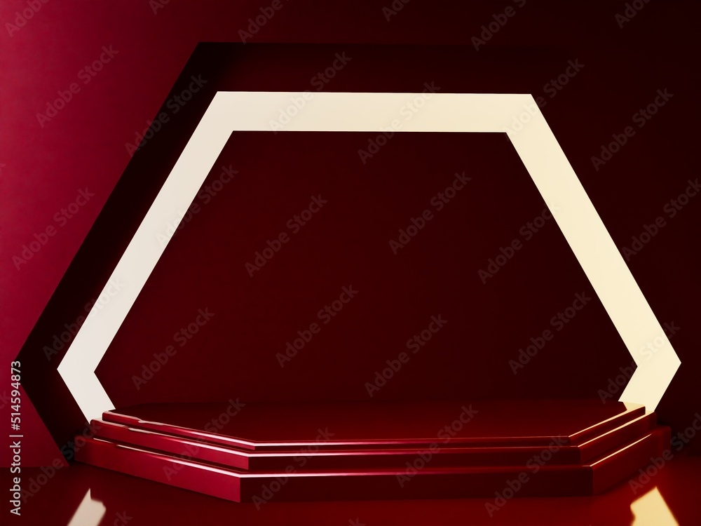 Poster 3d rendering geometry podium with abstract geometric shape red color. scene for product presentation