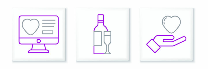 Set line Heart in hand, Dating app online and Champagne bottle icon. Vector