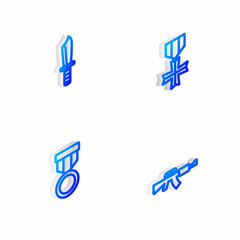 Set Isometric line Military reward medal, knife, and M16A1 rifle icon. Vector