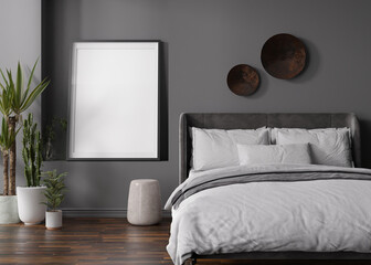 Empty vertical picture frame on grey wall in modern bedroom. Mock up interior in contemporary tyle. Free, copy space for your picture. Bed, plants. 3D rendering.