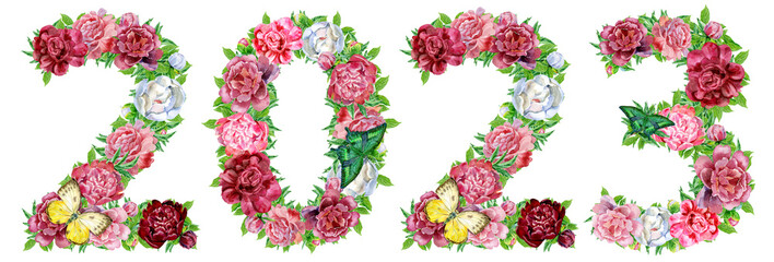 Happy New Year 2023 with watercolor flowers and leaves background