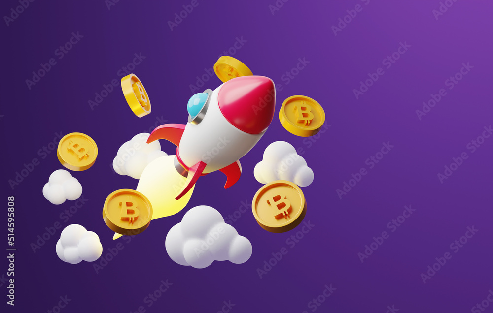 Poster rocket or spaceship flying through clouds with scattered bitcoin coins.