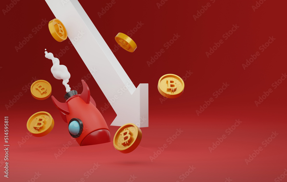 Poster down arrow with a rocket falling to ground and bitcoins spread out on a red background.