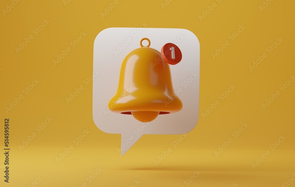 Poster message speech bubble icon with notification bell on yellow background.
