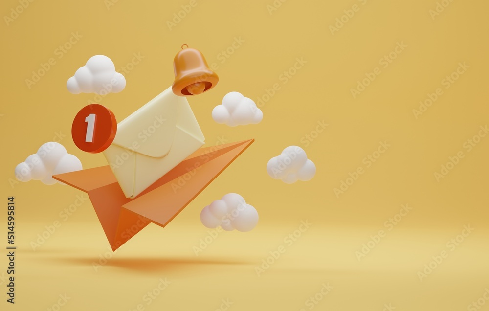 Poster envelope icon with unread message and notification bell icon with paper plane on a yellow background