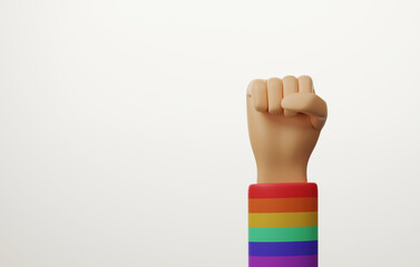 He clenched his fists and raised his hands, sleeve striped rainbow flag LGBTQ.