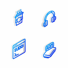 Set Isometric line Headphones, Coffee cup to go, Code terminal and Processor icon. Vector