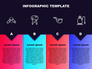 Set line Broken cigarette, Tooth with caries, No pipe smoking and Hookah. Business infographic template. Vector