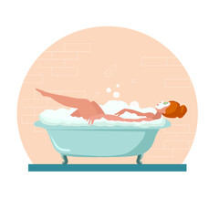 Naklejka premium Red hair woman taking bath, home spa, relaxation in bathtub. Taking care of body. Meditation, pleasure, time for yourself